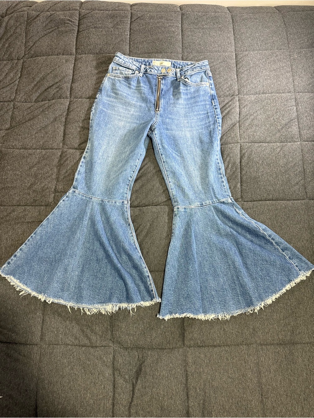Topshop Moto Dree Extreme Flare Bell Bottom Jeans Sz 28 Light Wash Ring Zip Y2K